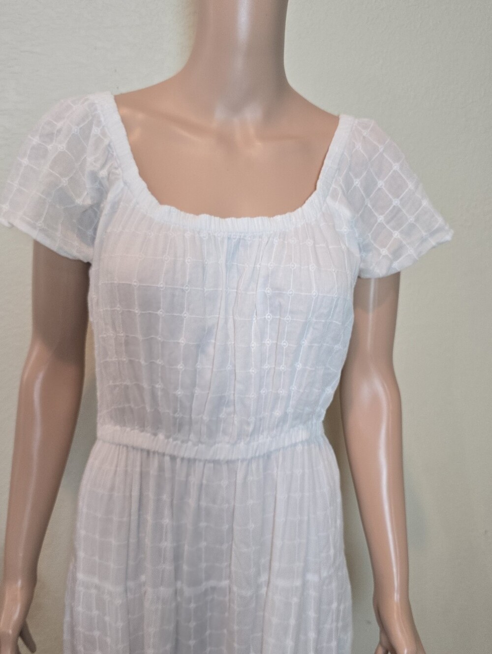 Mango MNG White Puff Sleeve Embroidered Checkered Tiered Midi A-Line Dress Sz 8 - Picture 8 of 16